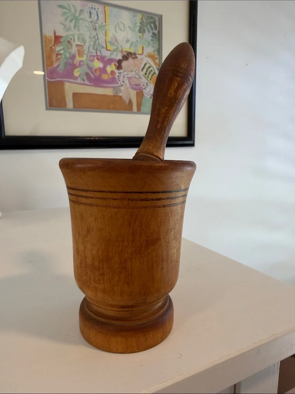 Wooden Vintage Mortar and Pestle with Brass Details